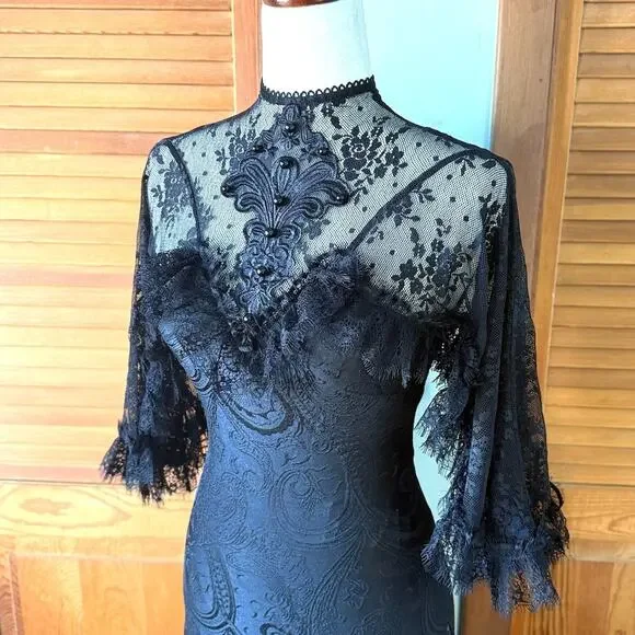Devil Fashion Gothic Victorian 1930s 'Birds of a Feather' Lace Maxi Gown Dress - Picture 4 of 16